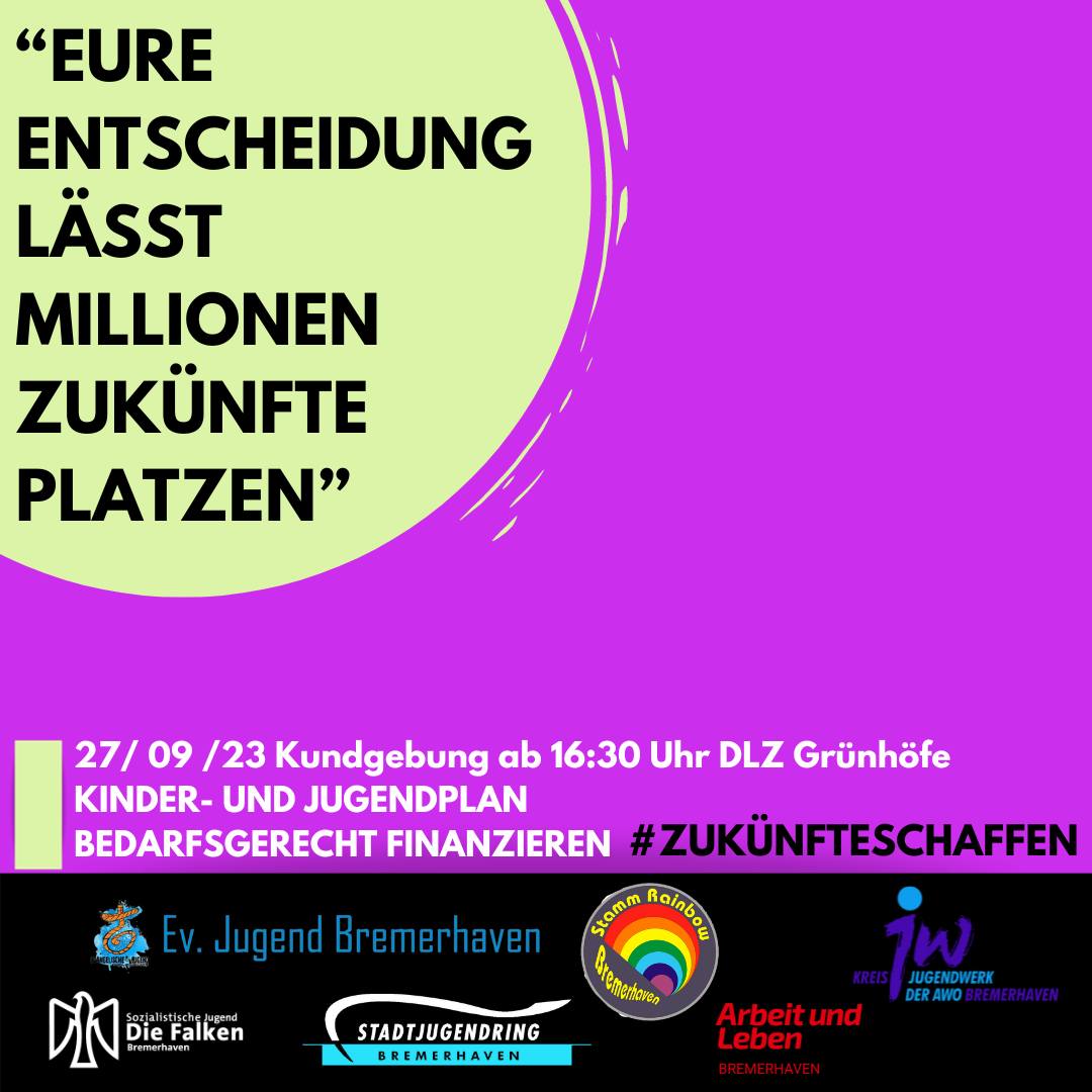 Morgen  um 16:30 Uhr vor dem DLZ Grünhöfe Lokalpolitiker:innen des Jugendhilfeausschusses zeigen, was wir von den  Kürzungsplänen der Regierung beim Kinder- und Jugendhilfeplan halten! ;-) 💪
#zukünfteschaffen #KJP #jugendbildung #bremerhaven