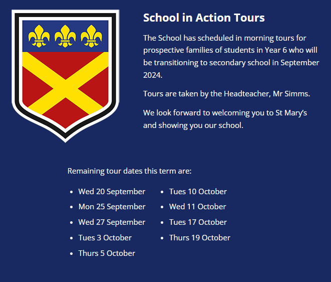 Think you know St Mary's CE High School? But have you ever actually visited?
Find out by coming along to one of the 9am School in Action tours this term for parents and Year 6 children.
Meet our Head Teacher and see the school on a normal day. Call 01992 629124 to reserve a spot