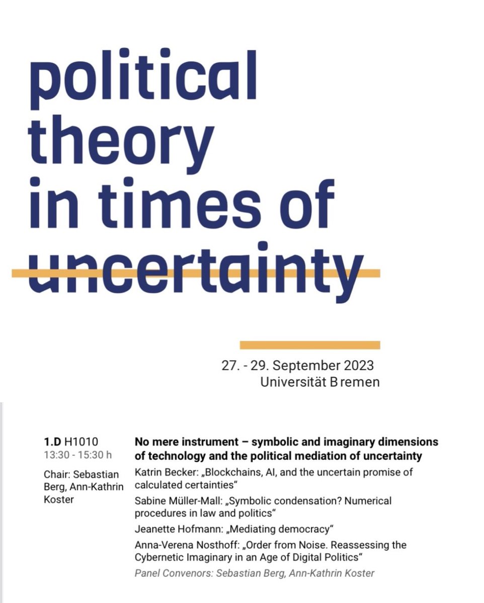 Looking forward to our panel discussion with @AnnaNosthoff & @smue_ma at this week’s Congress for PoliticalTheory. We’ll explore the ‘symbolic& imaginary dimensions of technology& the political mediation of certainty’. Thank you, @sebezero & @annkako06, for organizing this!