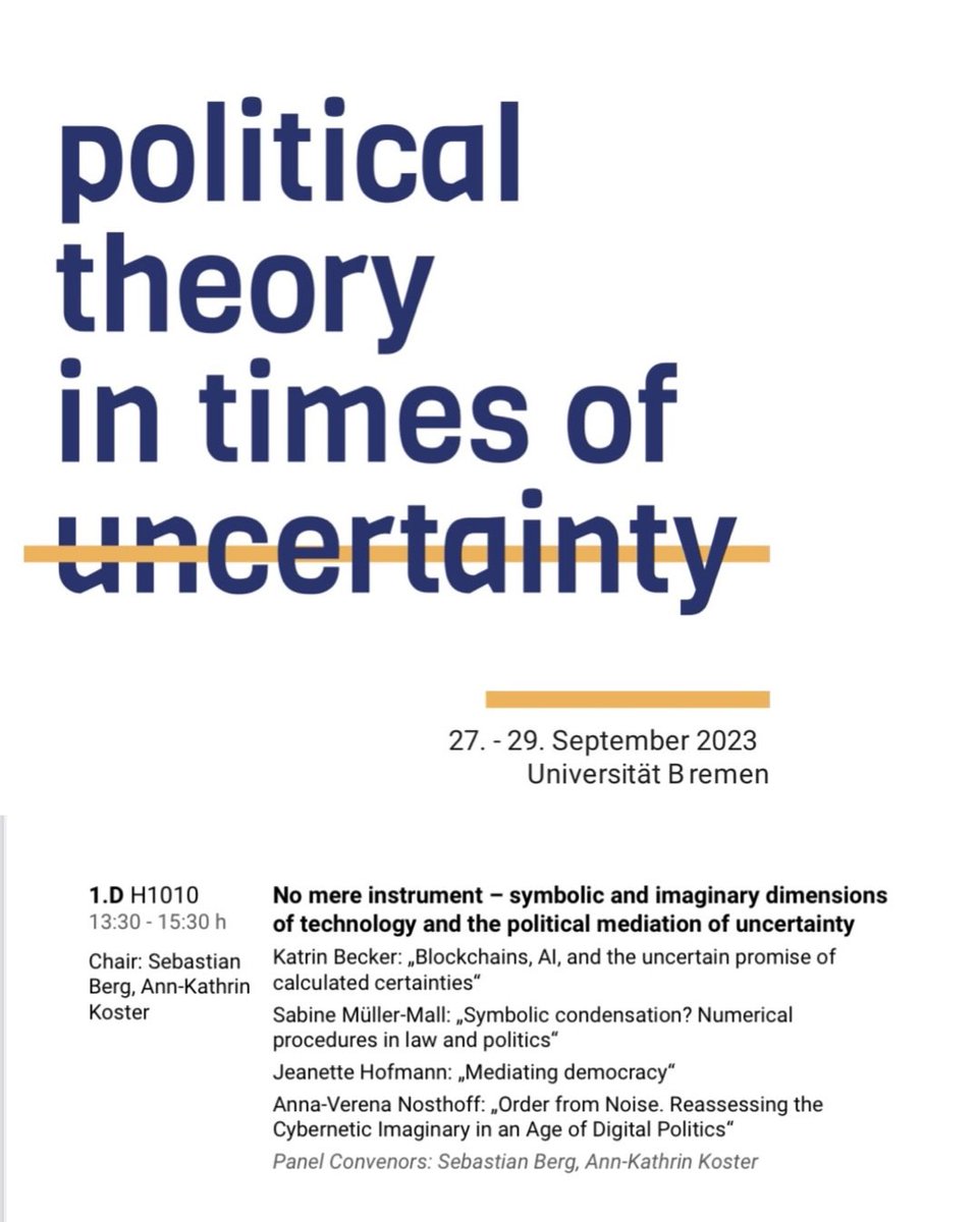 Katrin Becker (@katrinbecker) on Twitter photo Looking forward to our panel discussion with <a href="/AnnaNosthoff/">Anna-Verena Nosthoff</a> & <a href="/smue_ma/">Sabine Mueller-Mall</a> at this week’s Congress for PoliticalTheory. We’ll explore the ‘symbolic& imaginary dimensions of technology& the political mediation of certainty’. Thank you, <a href="/sebezero/">sebastian berg (inaktiv)</a> & @annkako06, for organizing this! Looking forward to our panel discussion with <a href="/AnnaNosthoff/">Anna-Verena Nosthoff</a> & <a href="/smue_ma/">Sabine Mueller-Mall</a> at this week’s Congress for PoliticalTheory. We’ll explore the ‘symbolic& imaginary dimensions of technology& the political mediation of certainty’. Thank you, <a href="/sebezero/">sebastian berg (inaktiv)</a> & @annkako06, for organizing this!