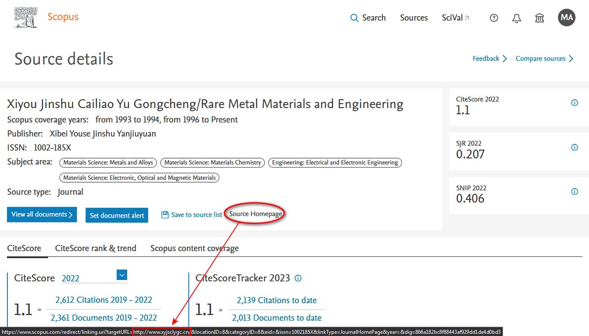 #HijackedJournals continue to deceive @Scopus! This time, Rare Metal Materials and Engineering (ISSN: 1002-185X) has been targeted by a  cloned version. The journal's homepage on @Scopus has been compromised,  redirecting to a fake website. @fake_journals @PredatoryReport
