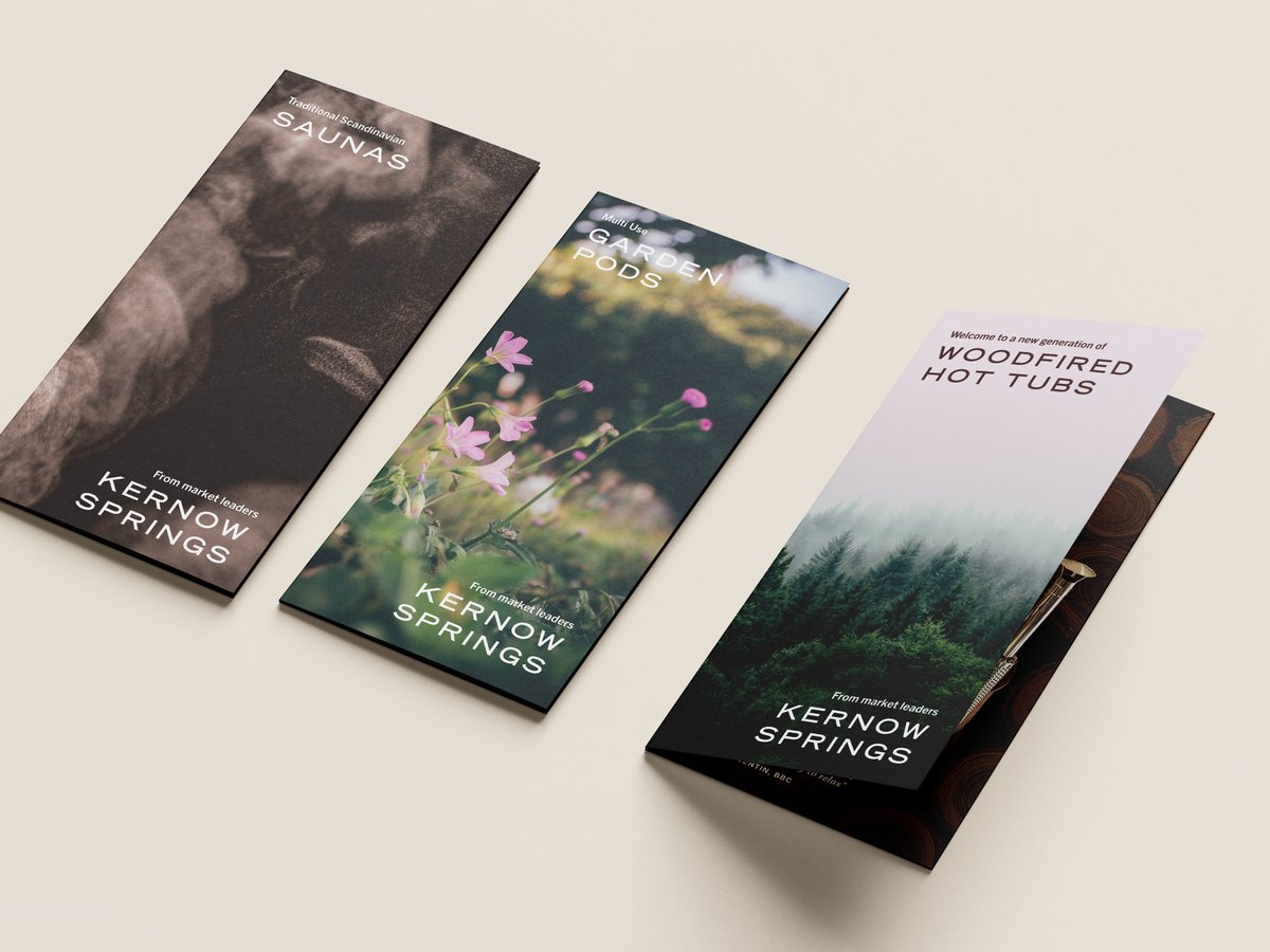 pickledesign's tweet photo. Speaking of print design, new leaflets for Kernow Springs! Showcasing their wood-fired hot tubs, Nordic saunas and very cool garden pods :) You can see more of our design for print here https://t.co/YRybBxSCk5 #sauna #hottub #nordic #leafletdesign https://t.co/yak4SDIRV6