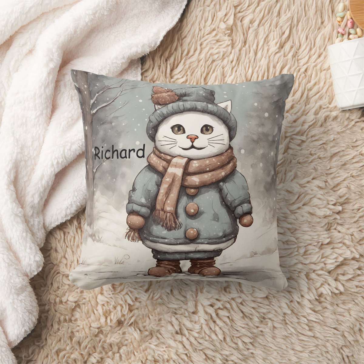 Cute Christmas Cat Snowman Watercolor Whimsical  Cushion zazzle.co.uk/z/a1opevzr?rf=… via @zazzle Great personalised Christmas gift for your kid’s bedroom. Check it out! #christmascatgifts #giftsforcatlovers #catgifts #kids #babynursery #babyshowergifts #baby #CatLovers