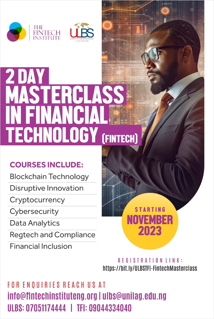 ULBSng's tweet photo. "Unlock fintech insights at our 2-day Master Class with The Fintech Institute and Unilag Business School. Gain from industry experts, elevate digital skills, and seize your exclusive fintech opportunity!"
#Fintech #FinanceTechnology #FintechTraining #FutureFinance #CryptoCourses https://t.co/sWSNO6X7GH
