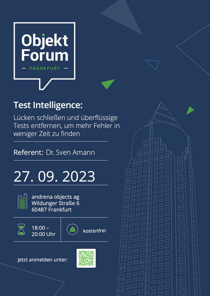 cqse's tweet image. Morgen Abend spricht @svamann beim #ObjektForum von @andrenaobjects über #TestIntelligence. Darüber,  Lücken zu schließen und überflüssige Tests zu entfernen und mehr Fehler in weniger Zeit zu finden. cqse.eu/objektforum_20… #SoftwareQualität