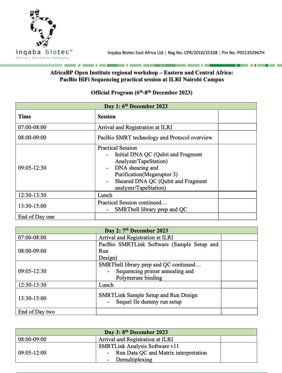 Register to attend the practical workshop on genome sequencing with PacBio HiFi by @inqababiotec during East & Central Africa regional workshop of the African BioGenome Project @DAISEA_AfricaBP Open Institute scheduled for Nairobi, Kenya: tinyurl.com/cent-east-afri… @ILRI @PacBio