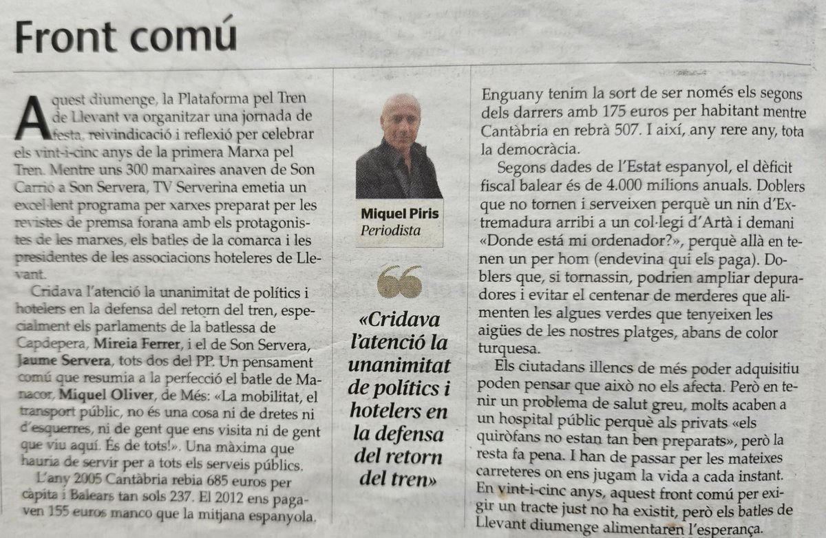 Si hi hagués hagut un mínim front comú dels partits illencs, ja tendríem Tren de Llevant fa estona! 
Qui vetlla pels nostres interessos que dècada rera dècada som a la cua de l'inversió per càpita estatal?