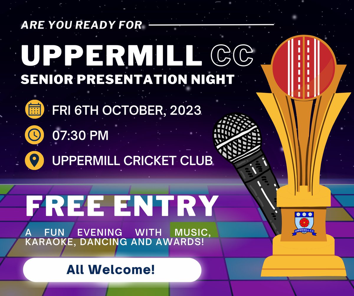 🎉 Get ready to party the night away at Uppermill Cricket Club on Friday, October 6th! 🏏

🎤 Join us for an unforgettable evening filled with music, karaoke, and awards as we celebrate at UCC's Senior Presentation. 

🥳 Don't miss out – doors open at 7:30 PM! See you there! 🎶✨
