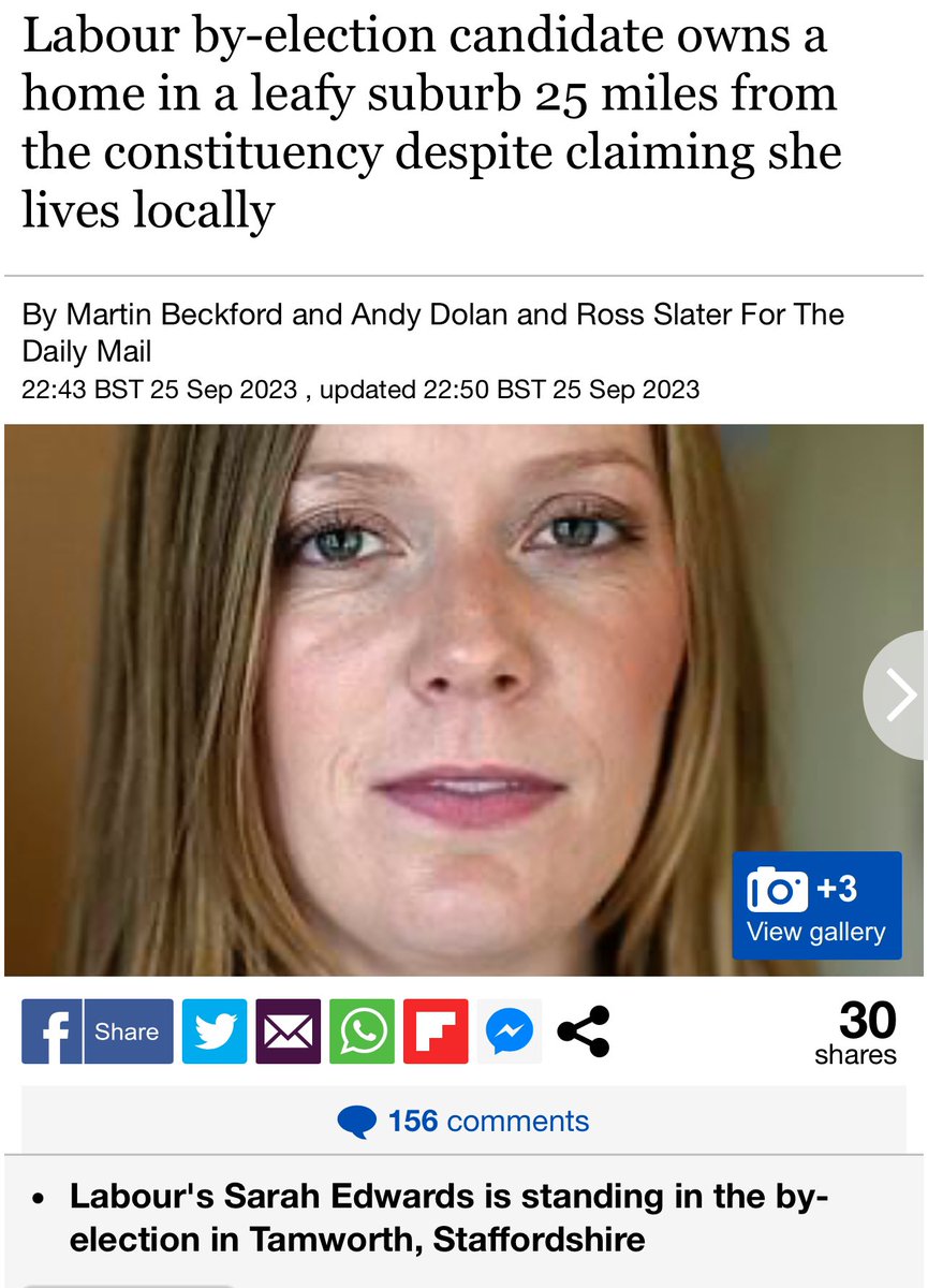 Sarah Edwards, Labour's candidate in the Tamworth by-election lives in Birmingham suburb of Moseley some 25 miles away.

She put an address of an AirBnB, she is renting as she tries to connive people of Tamworth that she lives local.