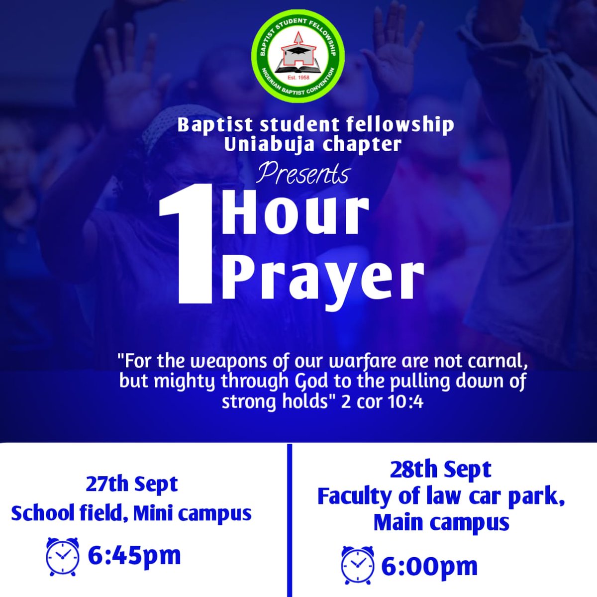 BaptistCha55395's tweet photo. Good afternoon kingdom champions 🏆🏆 with great pleasure i invite you to the first one hour prayer for this semester 💃💃💃💃 let's come expectant
remember the lord never misses one hour prayer 😊😊✨✨ see you there https://t.co/OgkEgwhiBT