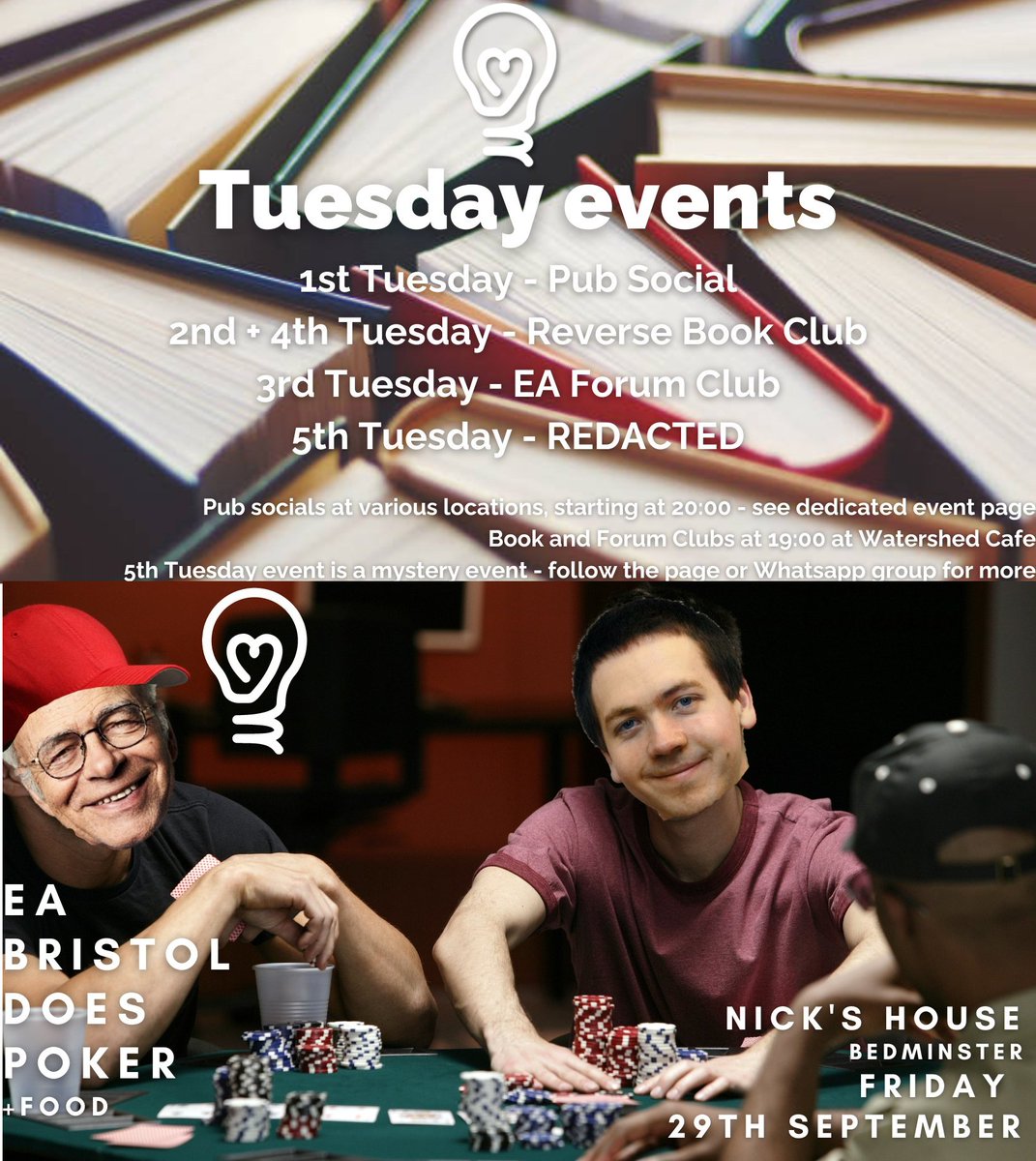 EABristol's tweet photo. Events this week - book club tonight, poker on Friday.

Also if you hate being spammed with all the hum drum chat in this group, and you're looking for a group chat that only has the vital stuff, join the EA Bristol announcement chat here;
https://t.co/1fzealW7bV https://t.co/w5WYQUpxYF