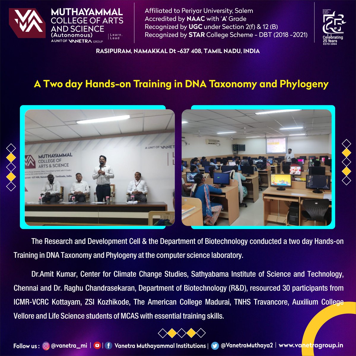 VanetraMuthaya2's tweet photo. R & D Cell and Department of Biotechnology organized a Hands-on training Programme in DNA Taxonomy & Phylogeny on 10.09.2023 & 15.09.2023.
#handson #handsontraining #handsontrainings #DNA #dna #dnataxonomy #taxonomy #taxonomy_today #RandD #biotechnology #sciencefiction https://t.co/vFQgi5lfdd