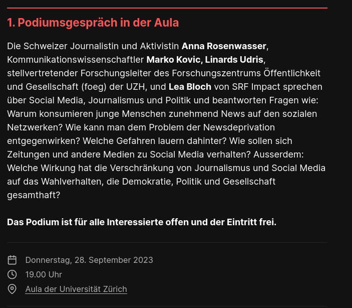 Falls jemand am Donnerstag-Abend in der Nähe von Zürich ist: Die <a href="/zsonline/">Zürcher Studierendenzeitung</a> veranstaltet ein Podium, an dem <a href="/AnnaRosenwasser/">Anna Rosenwasser</a>, <a href="/LeaBloch1/">Lea Bloch</a>, <a href="/LinardsUdris/">Linards Udris</a> und ich über Social Media, Journalismus, Demokratie diskutieren.

zsonline.ch/100/veranstalt…