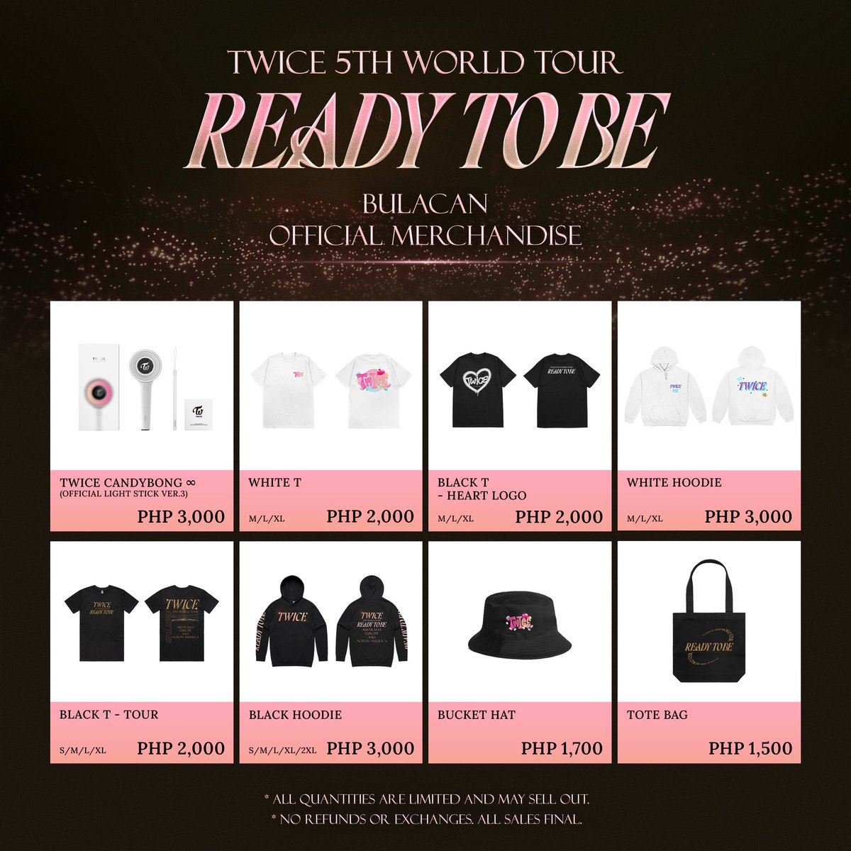 livenationph's tweet photo. 💝 ONCE! 2023 TWICE TOUR [READY TO BE] BULACAN Official Merchandise list is finally here! You can locate our merch booth at Philippine Arena on 30 Sep ~ 1 Oct 2023 💝 

📍 FAN ZONE (Public Access)
 ⏰ GA : 8am - 6pm

📍OUTER PLAZA - Black Box (Public Access)
⏰ GA : 10am - 11pm

📍 INNER PLAZA (Ticket Holders Only)
 ⏰ GA : 1pm - 11pm

📍MAIN LOBBY (Ticket Holders Only)
 ⏰ VIP : 11am - 11pm
 ⏰ GA : 4:30pm - 11pm

 💳 PAYMENT METHOD ONLY BY CASH / CARD / GCASH📢 All merchandise are limited and may sell out early

#TWICE #트와이스 #READYTOBE #TWICE_5TH_WORLD_TOUR #TWICE_ASIA #TWICE_BULACAN #LIVENATIONPH