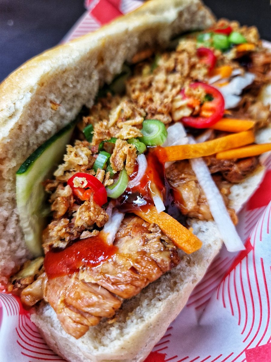 The Banh Mi sandwich is a speciality from Vietnam. French-style bread is stuffed with meat, fresh, crunchy veg and sweet dressing. ⁠
⁠
Banh Wagon will be bringing these &amp; their rice bowls along to the market tomorrow. 

Don't miss them between 11am-2pm 

#bristol #bristolmarket