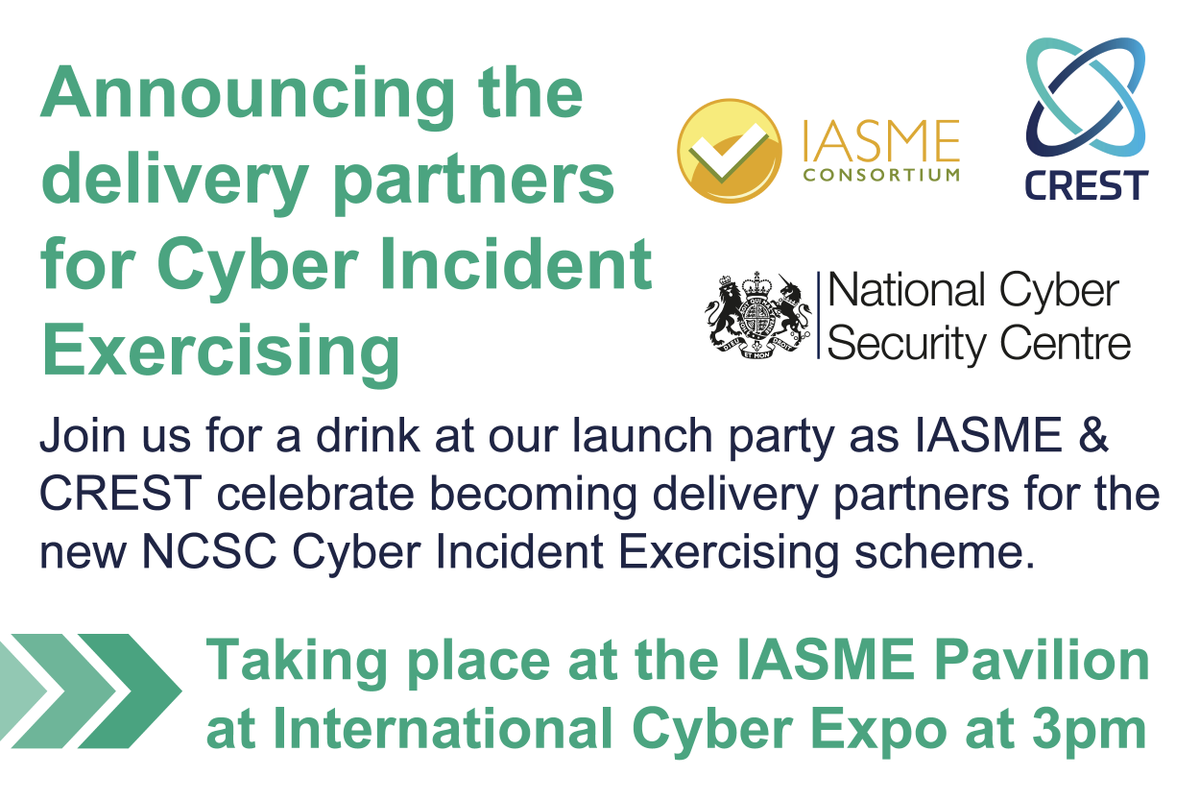 IASME1's tweet photo. Join IASME & @CRESTadvocate as we celebrate being announced as the delivery partners for the @NCSC Cyber Incident Exercising scheme. 🎉
Visit the #IASME Pavilion at @IntCyberExpo for the official launch party at 3pm. ⬇️
https://t.co/v7TSlNDnKa
#CyberExercising #ICE2023 https://t.co/q7gtsdd5Kr