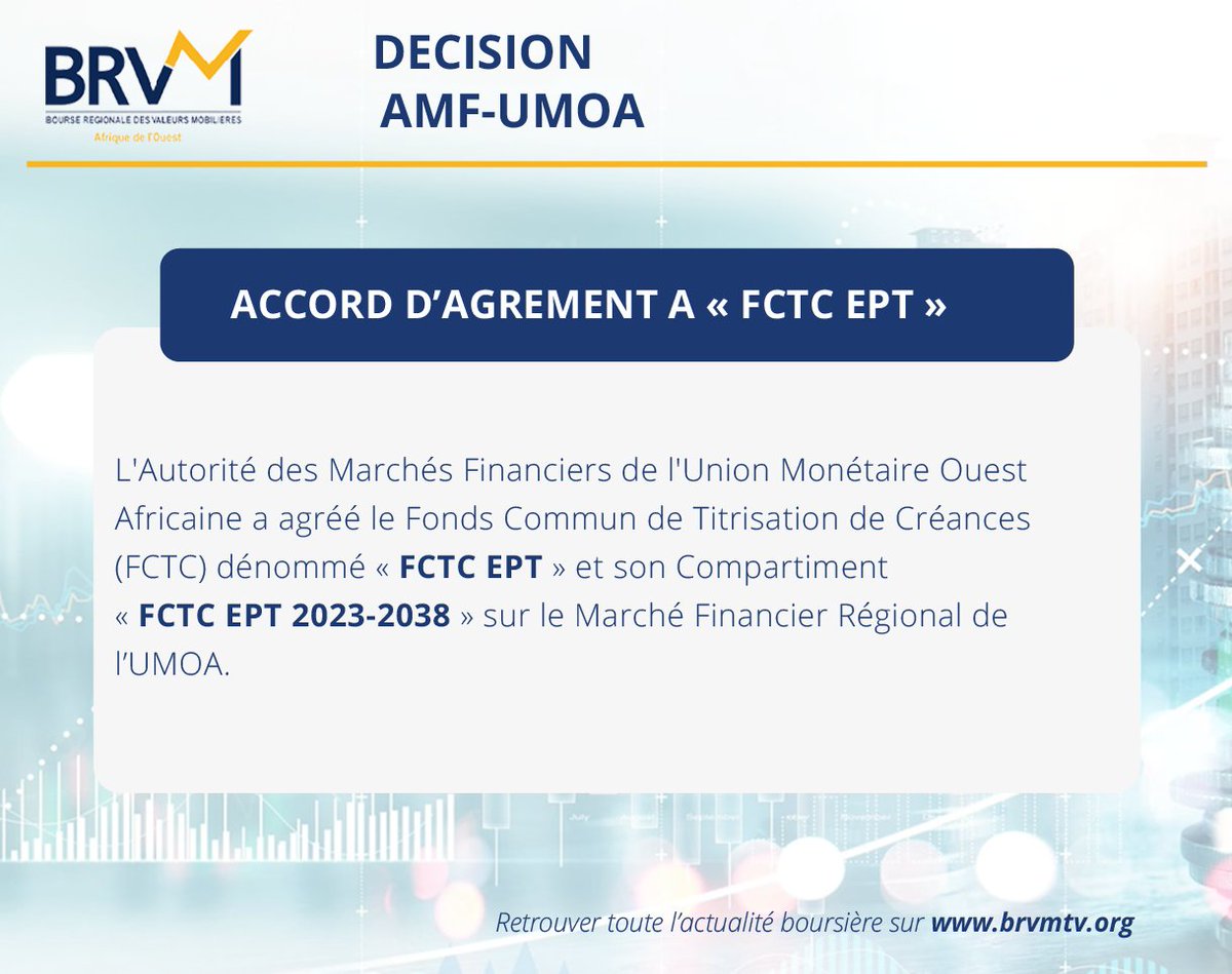 BRVM_UEMOA's tweet image. L'@AMF_UMOA  a agréé le Fonds Commun de Titrisation de Créances
(FCTC) dénommé « FCTC EPT ».
Plus d'information : shorturl.at/aADW4

#FCTC #décisionamf #agrément