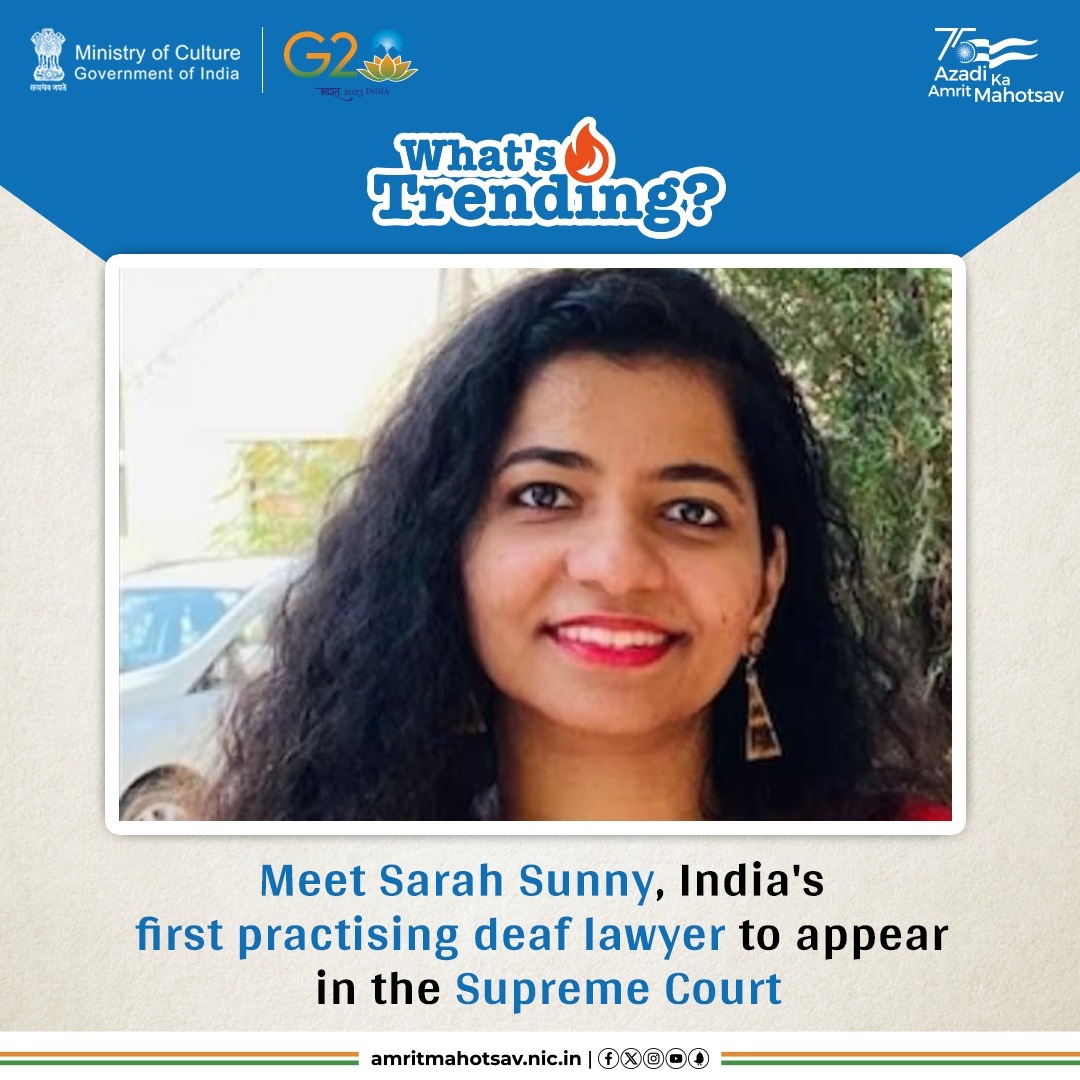 Beating all odds, #SarahSunny has achieved a big milestone in the legal sector by becoming the country's first practising deaf lawyer to appear in the Supreme Court. Kudos to her! 

#AmritMahotsav #AmritKaalKiNari #NariShakti #BharatKiNayiSoch #MainBharatHoon