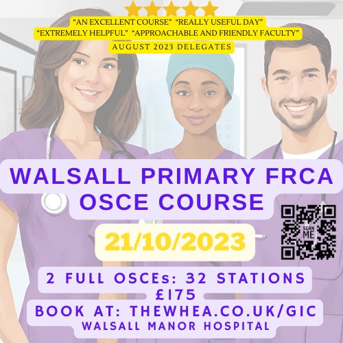 WalsallMLCC's tweet photo. Good Luck if you're receiving your #PrimaryFRCA #MCQ results today🤞🏼!
Not sure where to start with OSCE revision? Head over to https://t.co/E0AuVylmDs and book onto our #OSCE course for OSCE tips and tricks and 2 full mocks. #FRCA #Anaesthetics @WalsallHcareNHS @Anaes_Trainees https://t.co/IVWMBe7KZg