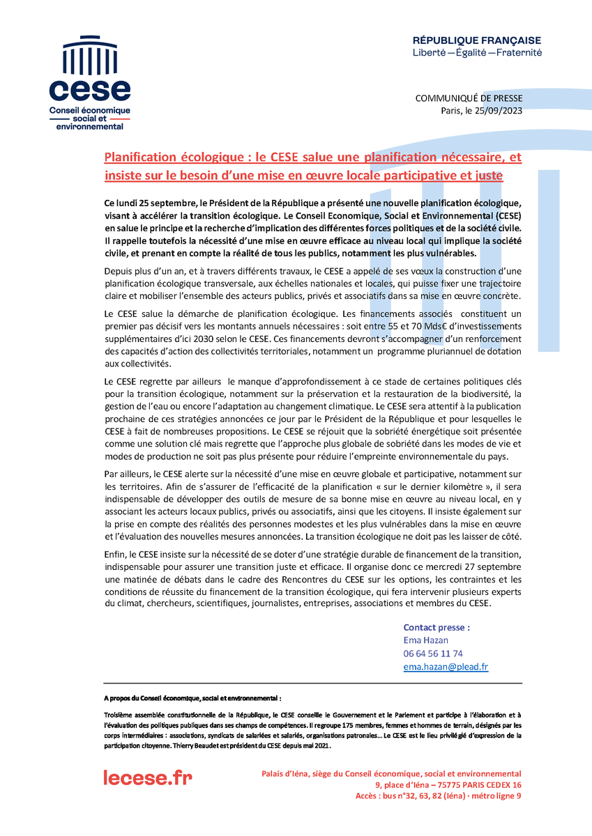 COMMUNIQUÉ DE PRESSE 🗞 

"Planification écologique : le #CESE salue une planification nécessaire, et insiste sur le besoin d’une mise en œuvre locale participative et juste"  

En savoir plus ⤵️