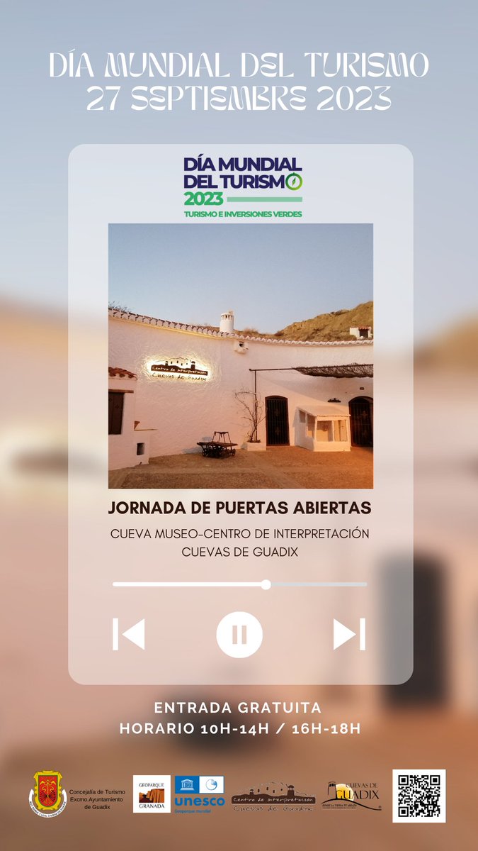 #DMTurismo 📆 27 #septiembre 2023
Celébralo con nosotros 🥰 Te invitamos a visitarnos gratuitamente 😜 
ℹ️Descubrirás en profundidad el hábitat troglodítico característico y singular del <a href="/GranadaGeopark/">Geoparque de Granada</a>  en la ciudad de #Guadix,capital europea de viviendas cueva habitadas🥰