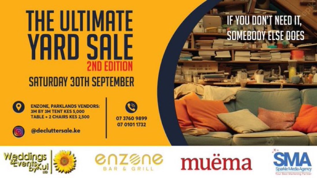 CapitalFMKenya's tweet photo. The #DeclutterSale Extravaganza is the perfect opportunity to turn your clutter into cash or find some hidden treasures at incredible prices!
Call 0737609899 to reserve your booth! https://t.co/OfgIZNziID