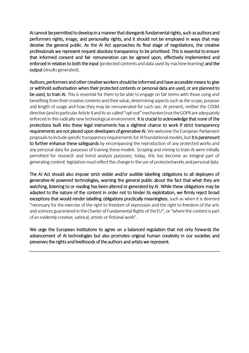 With 13 authors’, performers’ and other creative workers’ organisations, we urgently call again for a human centric approach to generative #AI, built upon informed consent, transparency, fair remuneration &amp; contractual practices. 
#AIact statement 👉 bit.ly/3rtE1bv
[1/5]