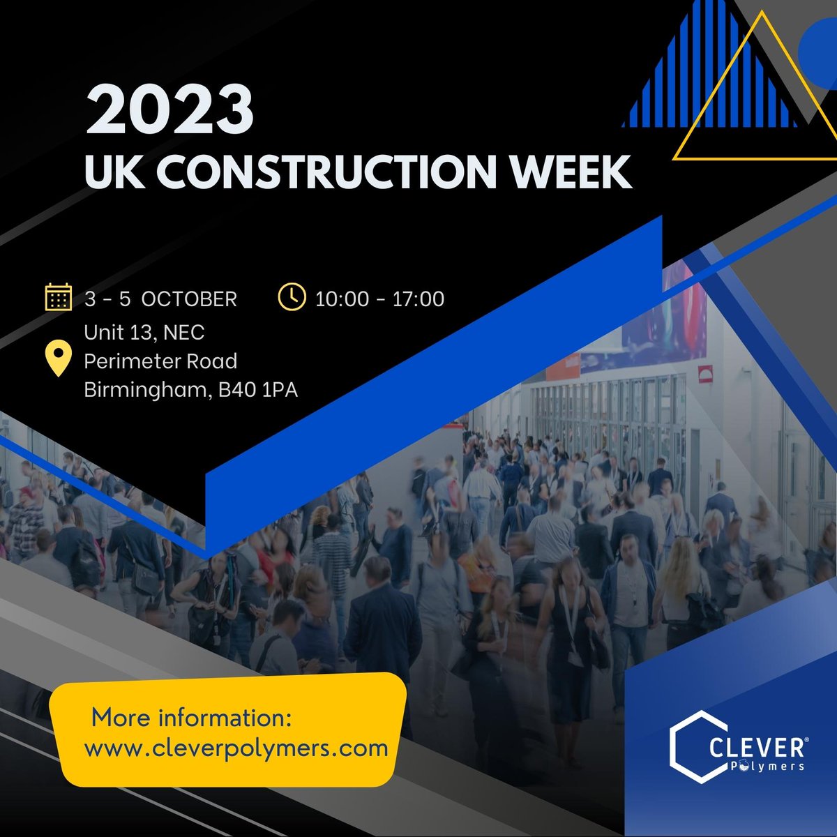 Clever Polymers olarak 3-5 ekim tarihleri arasında İngiltere İnşaat Haftasında olacağız. Birmingham'da gerçekleşen NEC fuarında B40 numaralı standımızda bizi ziyarete gelin. 

#UKCW2023 #Construction #Birmingham #Building #NetZero #eventprofs #ukcw2023 #ukcw #england #innovation