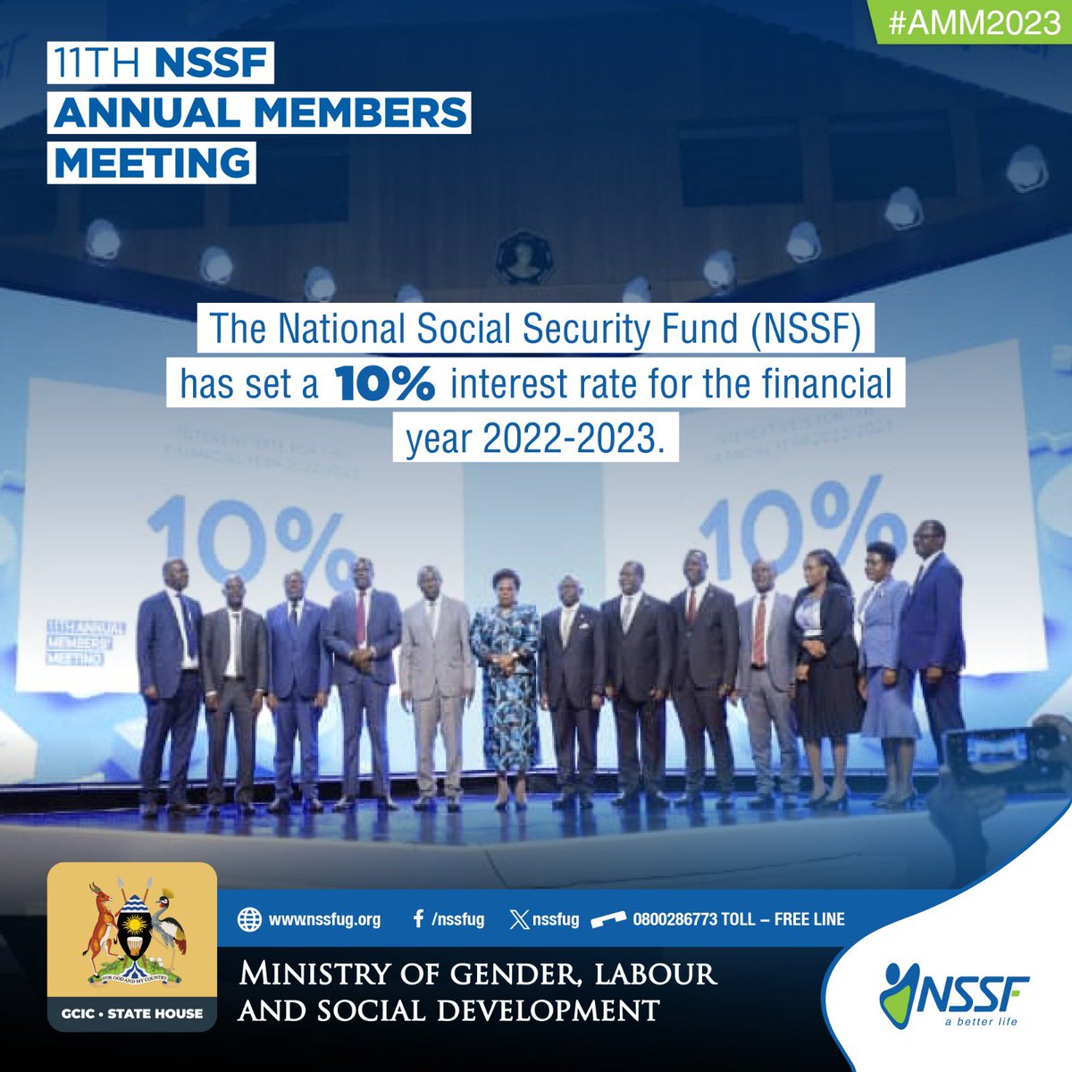 In accordance with section 35(2) of the NSSF Act, as amended, <a href="/MatiaK5/">Matia Kasaija</a> Minister of <a href="/mofpedU/">Ministry of Finance</a> declared an interest rate of 10% for the FY 2022/23
#AMM2023 

<a href="/nssfug/">NSSF Uganda</a> <a href="/Mglsd_UG/">Ministry of Gender, Labour and Social Development</a>