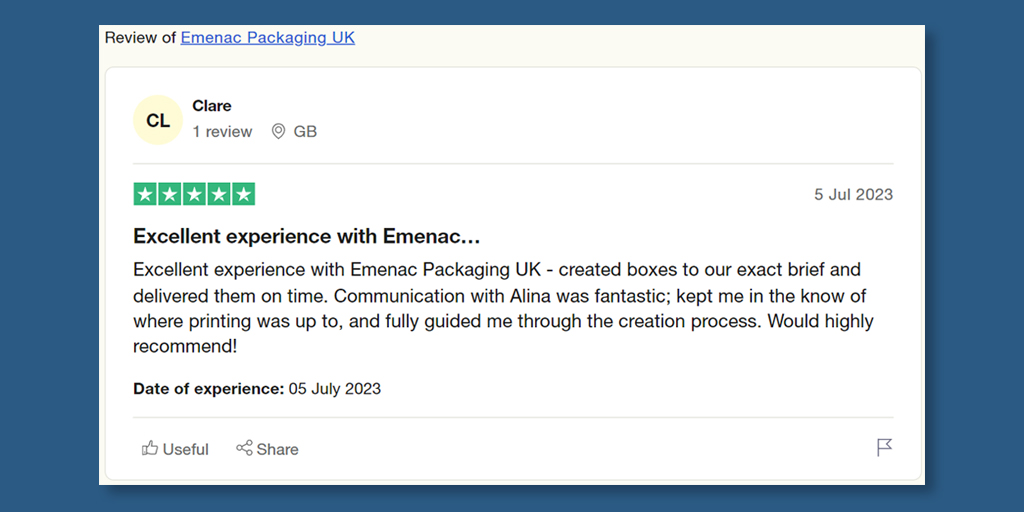 EmenacPackUK's tweet image. We're glad for this wonderful review "Clare". 😊
It's good to hear that you like your #custompackagingboxes from #EmenacPackagingUK.📦
𝐓𝐫𝐮𝐬𝐭 𝐏𝐢𝐥𝐨𝐭: bit.ly/3PyDgWv

#customerfeedback #customboxes #customerreviews #packagingideas #packagingsolutions #packaging