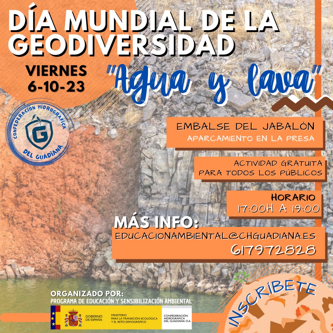 CH_Guadiana's tweet photo. 💧 Paseo Interpretativo 'Agua y Lava en el Guadiana". 

 🗓️ 6 de octubre
 📍 Presa Embalse del Jabalón
💧 Plazas limitadas. GRATUITO

📝 Inscripciones: 
https://t.co/NA5XohUyme

📩 Más info: educacionambiental@chguadiana.es
⚙️ Organiza: @CH_Guadiana 

#DíaMundialdelaGeodiversidad https://t.co/fToGl6yYHN