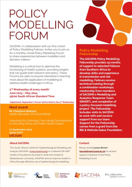 SA Centre for Epidemiological Modelling & Analysis (@sacema_su) on Twitter photo Let's talk #ArtificialIntelligence and #PublicHealth . Don't miss the next Policy Modelling Forum with our esteemed speaker Mr. Chenjerai Sisimayi from <a href="/WorldBank/">World Bank</a> .
๐๏ธ27 September 2023
โฐ15:00 SAST
๐ปbit.ly/Policy_Link (to join)
โlaurenbrown@sun.ac.za Let's talk #ArtificialIntelligence and #PublicHealth . Don't miss the next Policy Modelling Forum with our esteemed speaker Mr. Chenjerai Sisimayi from <a href="/WorldBank/">World Bank</a> .
๐๏ธ27 September 2023
โฐ15:00 SAST
๐ปbit.ly/Policy_Link (to join)
โlaurenbrown@sun.ac.za