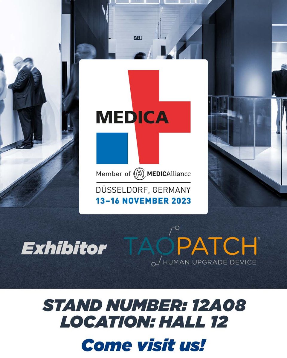 Taopatch's tweet photo. This year Taopatch® will be exhibiting at MEDICA, one of the largest trade fairs for the medical industry. Visit us from November 13 to 16, 2023 in Düsseldorf, hall 12, booth A08. 😊

We are delighted to be part of an event that, for 40 years, has been a world leader in presenting healthcare technology innovations and medical trends of the future.🩺👨‍⚕️ @MEDICATradeFair 

See you there!