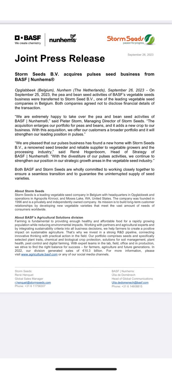 Press Release: Storm Seeds acquires pulses seed business from BASF | Nunhems