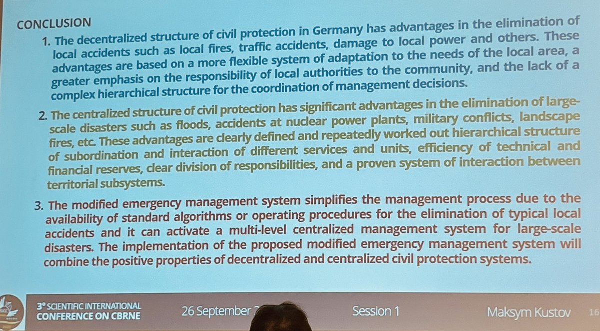 At #SICC2023 Mr. Maksym Kustov, #Ukraine, briefed on the „Modification of emergency management systems based on experiences in the #civilprotection systems of Germany and Ukraine“. Due to the Russian war against Ukraine a very relevant topic. #CBRN #WeStandWithUkraine