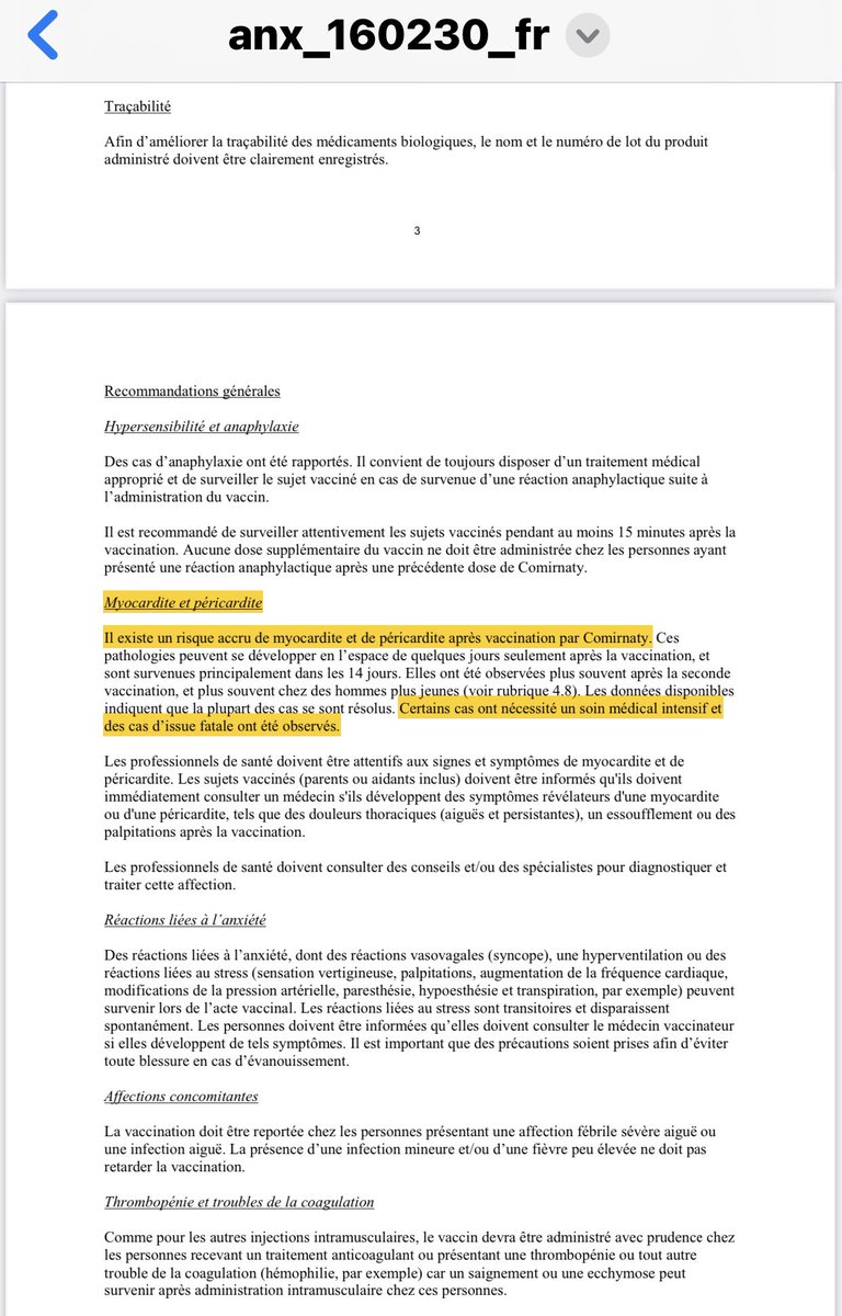 v_joron's tweet photo. 💉💉💉💉💉La stratégie vaccinale #Covid bat son plein en France et la Commission européenne vient de modifier son autorisation de mise sur le marché le 29 août 2023 du vaccin #PfizerBioNTech :

🇪🇺DÉCISION D'EXÉCUTION DE LA COMMISSION du 29.8.2023
modifiant l’autorisation de mise sur le marché du médicament à usage humain «Comirnaty - tozinaméran, Vaccin à ARNm (à nucléoside modifié) contre la COVID‐19» octroyée par la décision C(2022) 7342(final) à la suite de l’évaluation d’un rapport périodique actualisé relatif à la sécurité, conformément à l’article 28 du règlement (CE) n° 726/2004

❌Voici un extrait du rapport actualisé relatif à la sécurité du vaccin : 

📌 « Myocardite et péricardite :

Il existe un risque accru de myocardite et de péricardite après vaccination par Comirnaty. 

Ces pathologies peuvent se développer en l’espace de quelques jours seulement après la vaccination, et sont survenues principalement dans les 14 jours. Elles ont été observées plus souvent après la seconde vaccination, et plus souvent chez des hommes plus jeunes (voir rubrique 4.8). 

Les données disponibles indiquent que la plupart des cas se sont résolus. Certains cas ont nécessité un soin médical INTENSIF et des cas d’ISSUE FATALE ont été observés.

Les professionnels de santé doivent être attentifs aux signes et symptômes de myocardite et de péricardite. Les sujets vaccinés (parents ou aidants inclus) doivent être informés qu'ils doivent immédiatement consulter un médecin s'ils développent des symptômes révélateurs d'une myocardite ou d'une péricardite, tels que des douleurs thoraciques (aiguës et persistantes), un essoufflement ou des palpitations après la vaccination.
Les professionnels de santé doivent consulter des conseils et/ou des spécialistes pour diagnostiquer et traiter cette affection. »

Source = https://t.co/cm28ZqVHCY

405 pages : je viens à peine de commencer de lire ce rapport et ça commence bien ! A suivre et comptez sur moi.