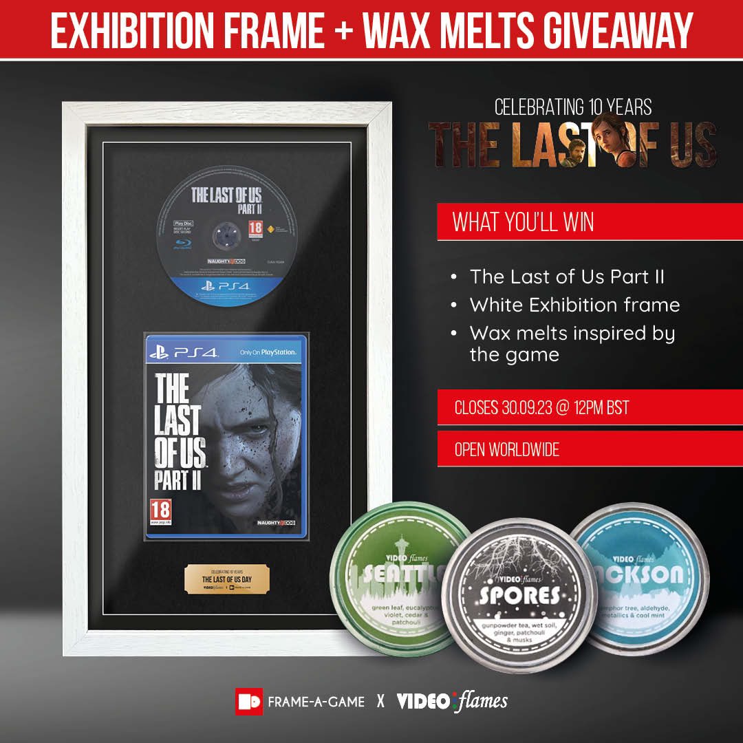 FrameAGame's tweet photo. I’ve teamed up with Video Flames to celebrate 10 years of #TheLastofUs with a giveaway!

A framed TLOU2 game and wax melts are up for grabs! 🔥

To enter:
👉🏼 Follow @frameagame and @VideoFlames 
👉🏼 Repost this post

Closes 30.09.23 | Open worldwide 🫡 https://t.co/3xdjYfivN6