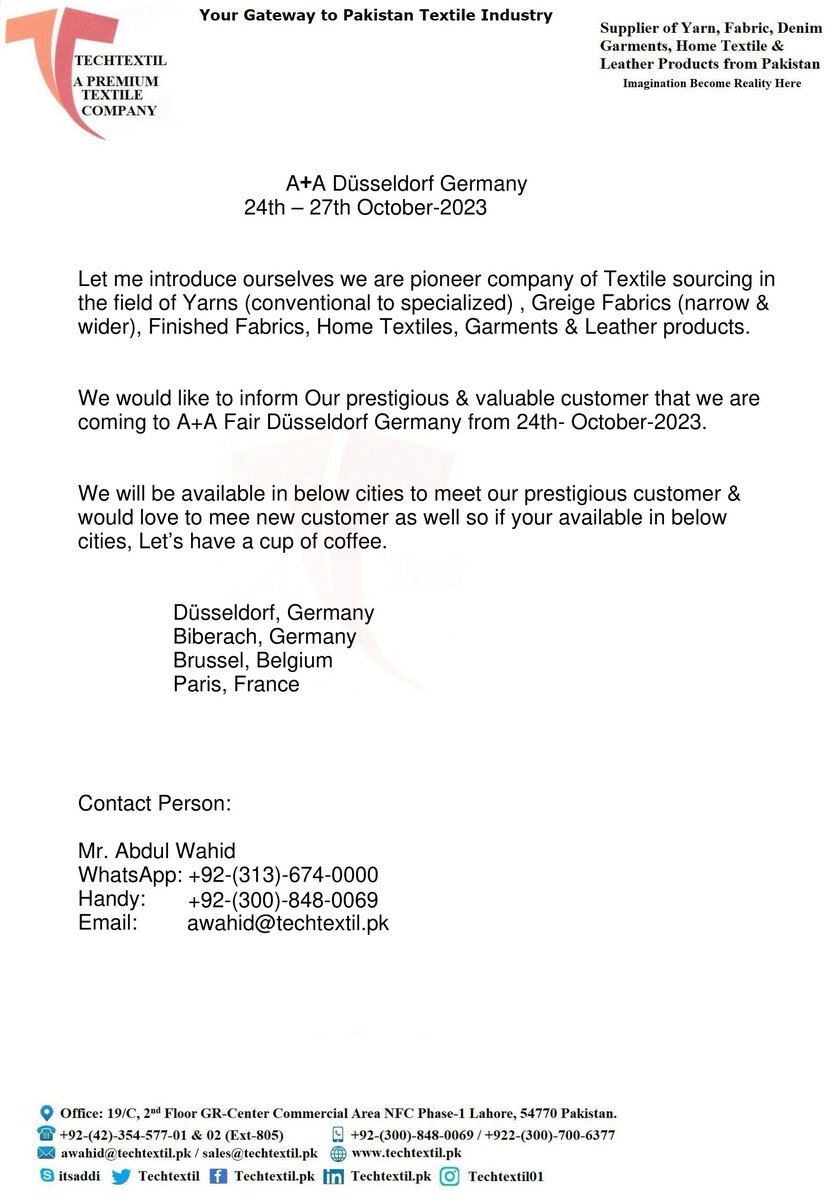 techtextil's tweet image. #textiles #techtextil #AplusA #Germany  #Düsseldorf #yarn #Fabric #Hometextile #Pakistan 
#Marketing #fair #sourcing 

@AplusATradeFair @itsaaddi 
@haadi036