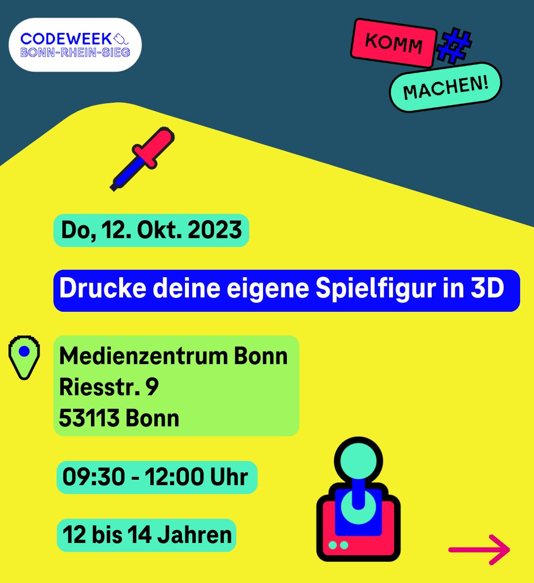 codeweekbonn's tweet image. Tüfteln, Hacken und Programmieren. 👩🏻‍💻 🤖
Kostenfreie Workshops und Mitmachveranstaltungen für Kinder und Jugendliche.
 
Sei dabei und suche dir aus über 50 Workshops die passenden für dich aus. 
 
Noch gibt es freie Plätze, melde dich schnell an! 😉

@CodeWeekGermany