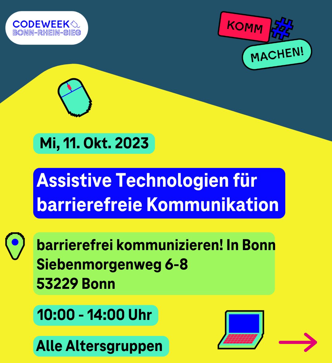 codeweekbonn's tweet image. Tüfteln, Hacken und Programmieren. 👩🏻‍💻 🤖
Kostenfreie Workshops und Mitmachveranstaltungen für Kinder und Jugendliche.
 
Sei dabei und suche dir aus über 50 Workshops die passenden für dich aus. 
 
Noch gibt es freie Plätze, melde dich schnell an! 😉

@CodeWeekGermany