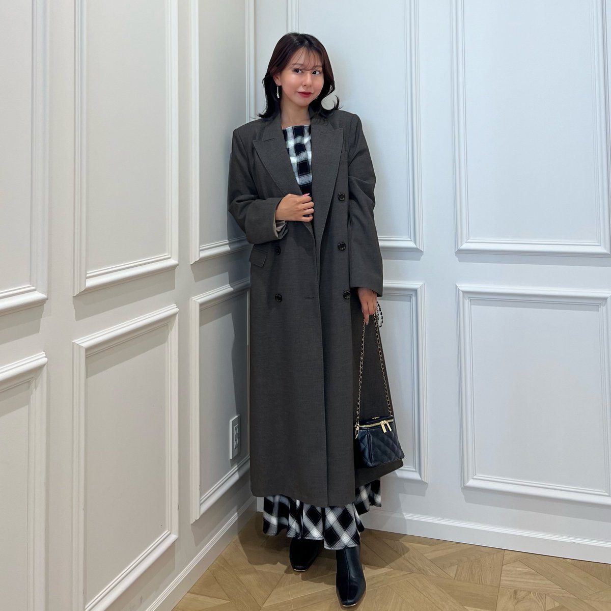 🏷Roanne Over Check Dress - black - チェック柄と温かみを感じる起毛