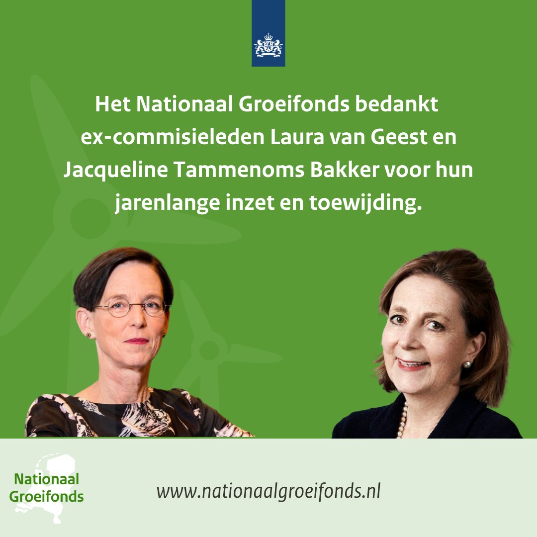 Adviescommissieleden Laura van Geest en Jacqueline Tammenoms Bakker hebben per 1 augustus 2023 afscheid genomen van de adviescommissie. Beiden waren vanaf het begin nauw betrokken bij het #NationaalGroeifonds.

Wij zijn Laura en Jacqueline dankbaar voor hun waardevolle bijdragen.