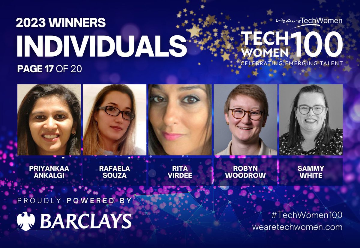 WeAreTechWomen (@wearetechwomen) on Twitter photo 2023 WINNERS 🥳
Congratulations to the next Winners of this year's #TechWomen100 Awards, powered by <a href="/BarclaysUK/">Barclays UK</a>! 🩵✨
🌟 Priyankaa Ankalgi
🌟 Rafaela Souza
🌟 Rita Virdee
🌟 Robyn Woodrow
🌟 Sammy White
Celebrating emerging talent 🥂
#17 · bit.ly/TW100x23 2023 WINNERS 🥳
Congratulations to the next Winners of this year's #TechWomen100 Awards, powered by <a href="/BarclaysUK/">Barclays UK</a>! 🩵✨
🌟 Priyankaa Ankalgi
🌟 Rafaela Souza
🌟 Rita Virdee
🌟 Robyn Woodrow
🌟 Sammy White
Celebrating emerging talent 🥂
#17 · bit.ly/TW100x23