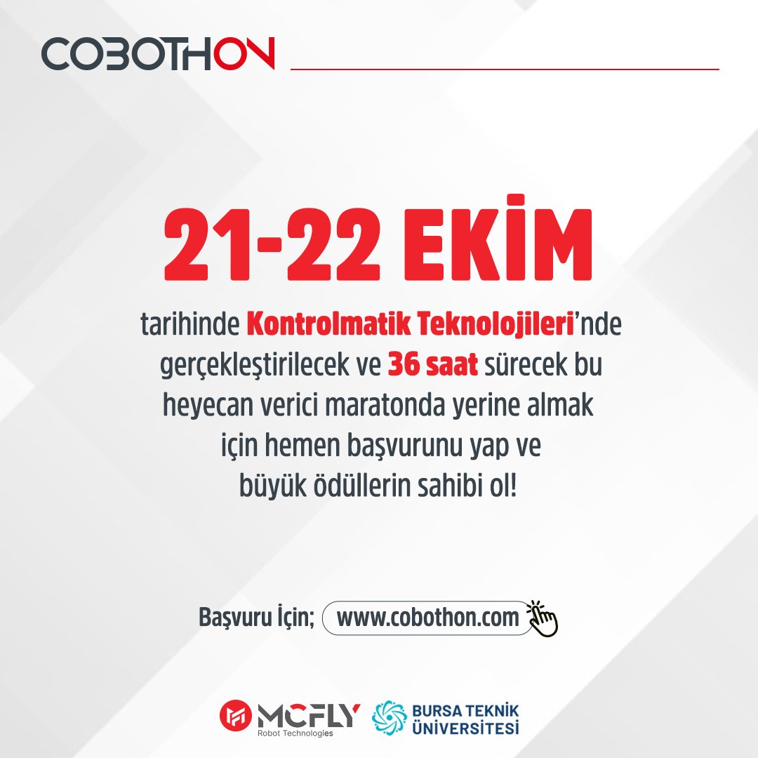 cobothon's tweet photo. Cobothon Challenge başvuruları tüm hızıyla devam ediyor!🤩🦾🚀

✅ Takımını Oluştur

👩‍💻 Başvurunu Yap

🏆 Büyük ödülleri kazanma şansı yakala!

Başvurular https://t.co/LXlRYnREV3 adresinde!

Ulaşım tarafımızdan karşılanacaktır.💫

#cobothonchallenge #cobothon #bringsyouthefuture https://t.co/srLBJHkVP3
