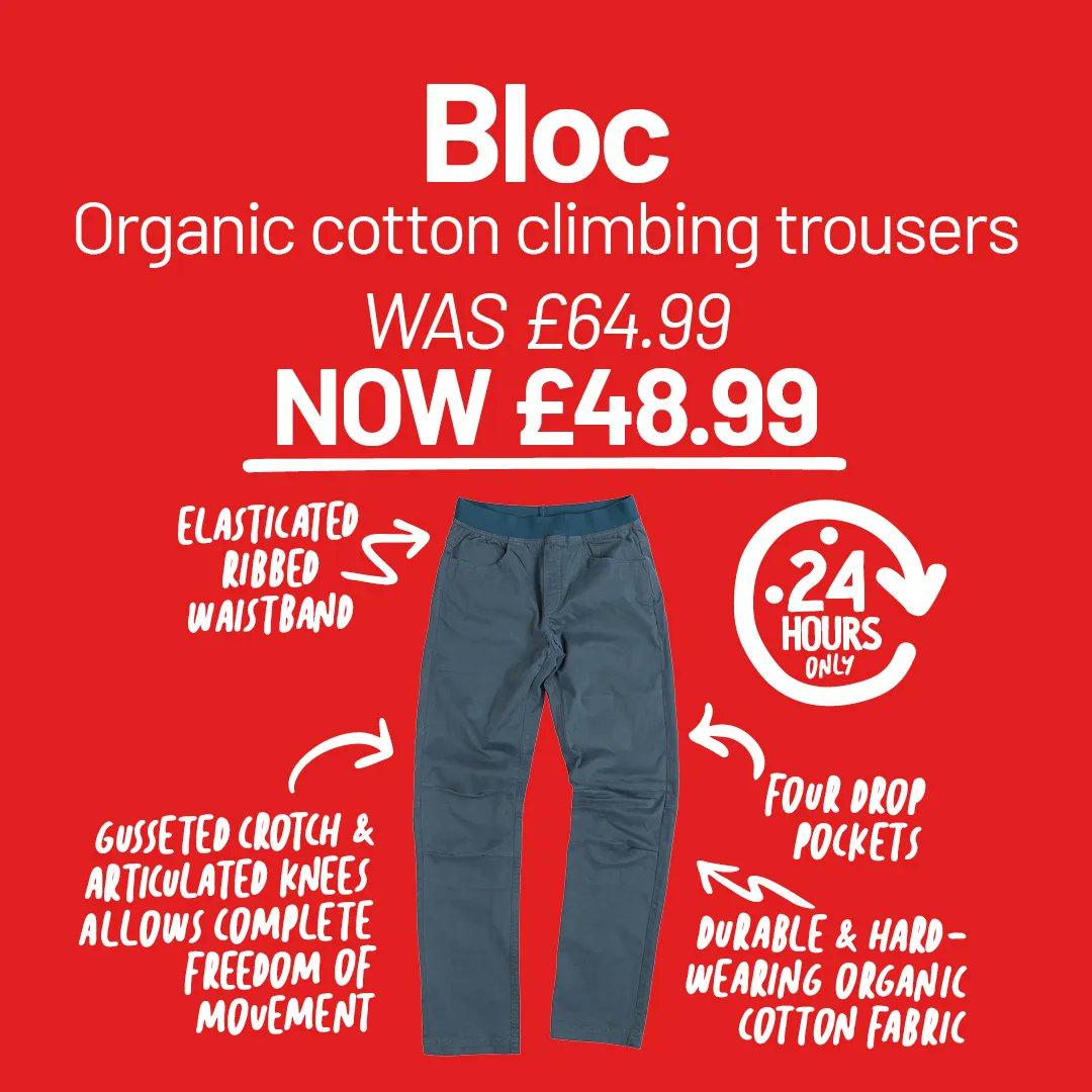 So stretchy you could kick yourself in the face. Climbing trousers made from organic cotton, 25% off for 24 hours only. Available in sizes 6-20 and 28-38, with 3 different leg lengths. Shop the Bloc trousers online and in-store. #Alpkit #GoNicePlacesDoGoodThings