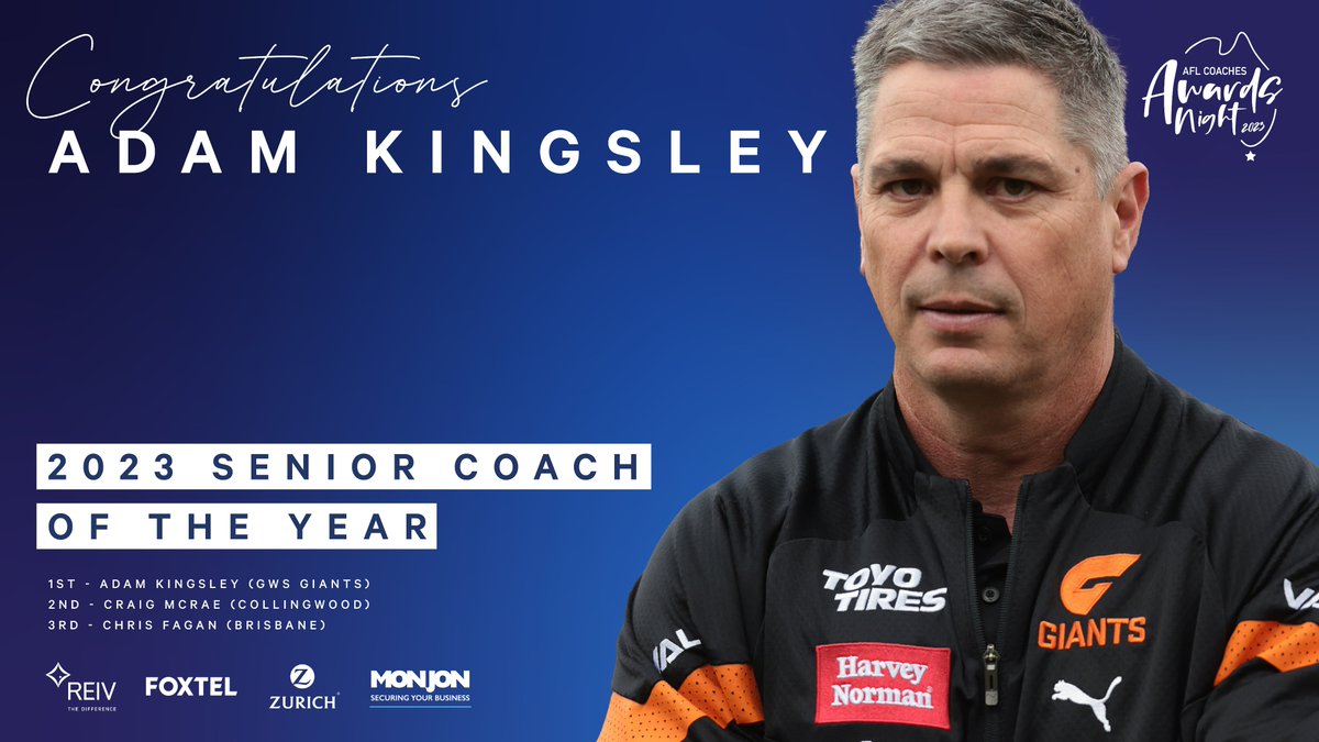 CONGRATULATIONS ADAM KINGSLEY! 

The first-year <a href="/GWSGIANTS/">GWS GIANTS</a> coach is the 2023 <a href="/monjonaust/">Monjon Security (Australia)</a> Allan Jeans Senior Coach of the Year 👏

aflcoaches.com.au/news/kingsley-…