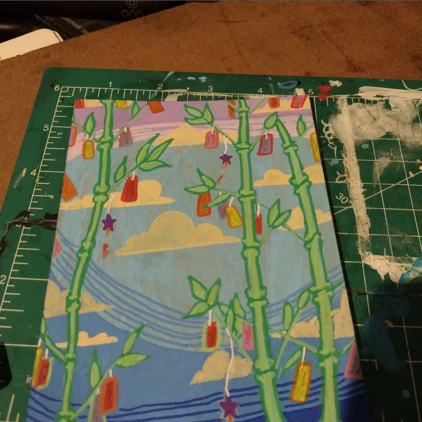 AzureLabzOwl's tweet image. While learning to draw bamboo in different styles/a way to draw it I ended up getting lost in thought and made a sort of tanabata #panting on some cardboard. I don't know what to do with it now ... Second image is the practices made before getting "lost in the sauce" lol