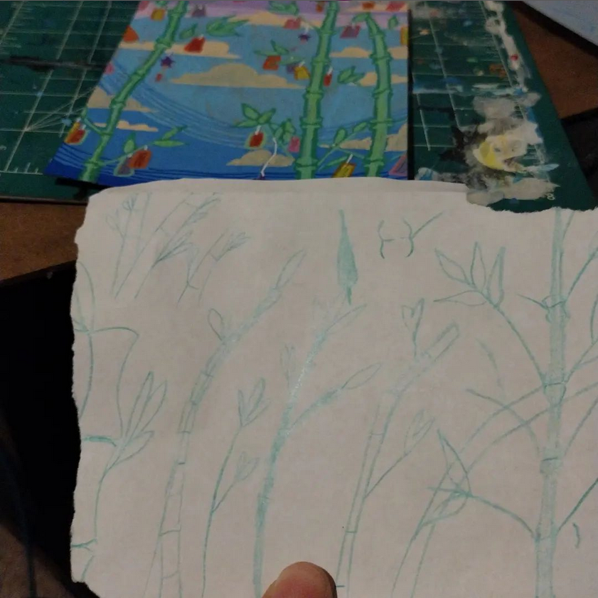 AzureLabzOwl's tweet image. While learning to draw bamboo in different styles/a way to draw it I ended up getting lost in thought and made a sort of tanabata #panting on some cardboard. I don't know what to do with it now ... Second image is the practices made before getting "lost in the sauce" lol
