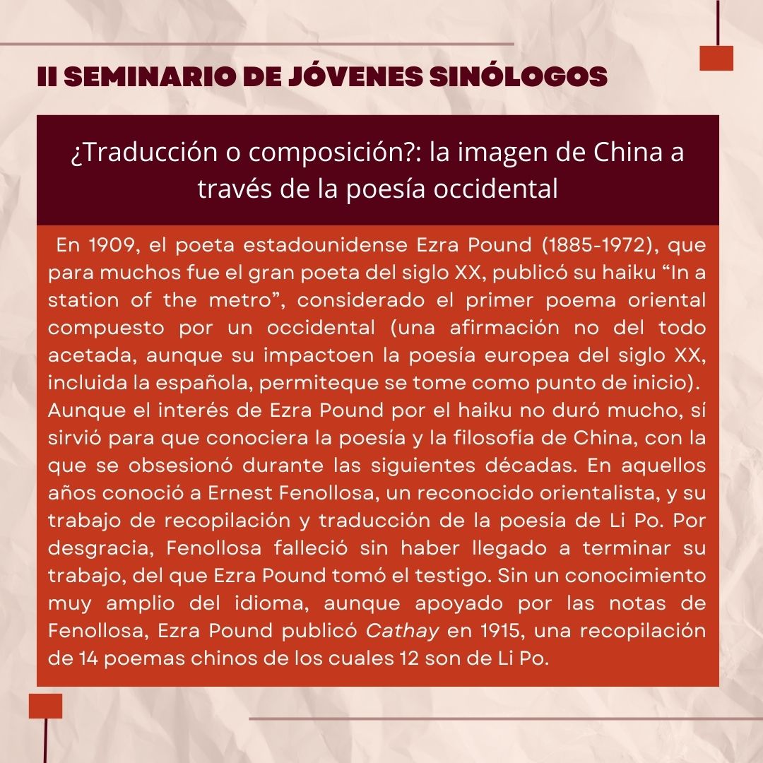 JSinologos's tweet photo. Lo bueno se hace esperar: el último taller del #IISeJoS correrá a cargo de Saúl Baonza (@saulbaonza). ¿Qué mejor manera de explorar la alteridad que a través de las imágenes de China en la poesía occidental? ¡Acompáñanos para descubrir "Cathay" de Ezra Pound! ⬇️ https://t.co/bXLHQaXrVg