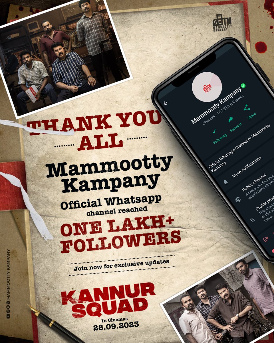 MKampanyOffl's tweet photo. We're Elated to announce that the @MKampanyOffl Official @WhatsApp channel has crossed 100k followers! Thanks to Our Deareat Followers ! Your support has been incredible. Stay tuned for Exclusive Updates 😊

#MammoottyKampany #100kFollowers #Mammootty #Whatsapp #WhatsappChannel @mammukka